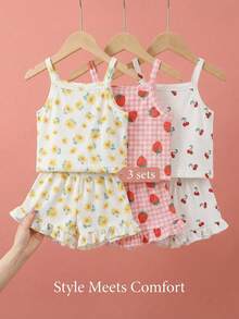 SHEIN Playful Pals 女嬰 3 套裝 粉色花卉草莓櫻桃細肩帶上衣 荷葉邊短褲 - 彩色 - 查看 8