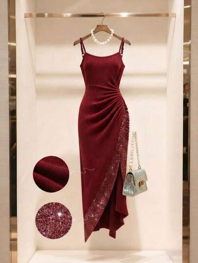 SHEIN Holidaya 高端优雅无袖褶皱拼接开衩收腰连衣裙，适合春、夏、秋季穿着。