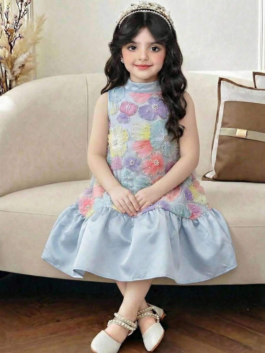 Young Girl Elegant & Cute Blue Collar Mesh Dress - Multicolor - View 1