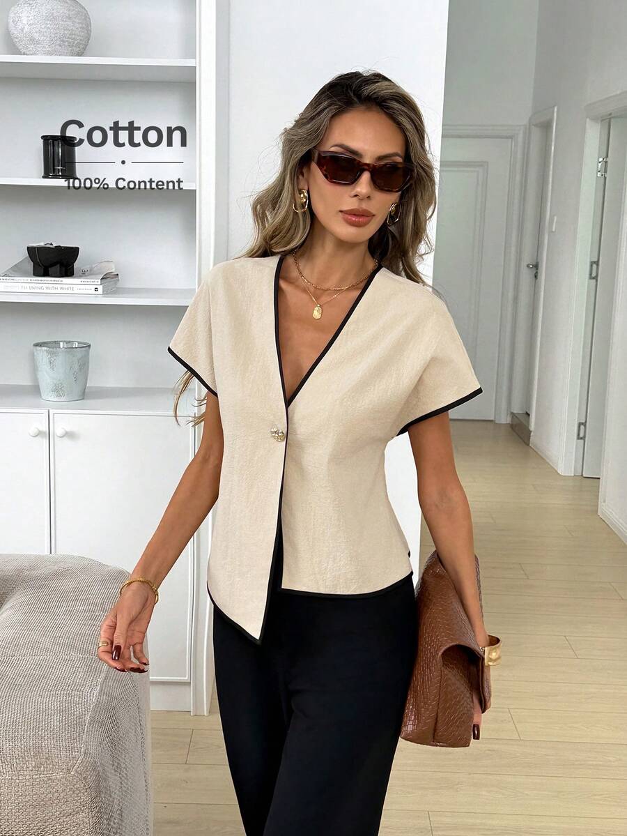 Easowa V-Neck Wide Shoulder Jumpsuit Sleeve Metal Button Asymmetrical Hem A-Line Blouse Casual Loose Elegant Office Lady Vacation Spring Summer Women Thin Blazer - Khaki - View 1