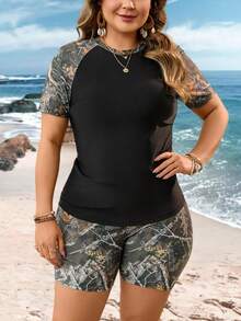 Swim Lushoire 大码女式两件套随机印花无袖短裤比基尼套装，适合运动、冲浪、海滩度假 - 彩色 - 查看 3