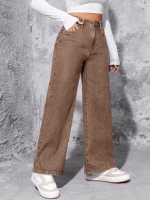 SHEIN PETITE Jeans rectos de cintura alta lavados de estilo casual para mujer - Café integral - Ver 5