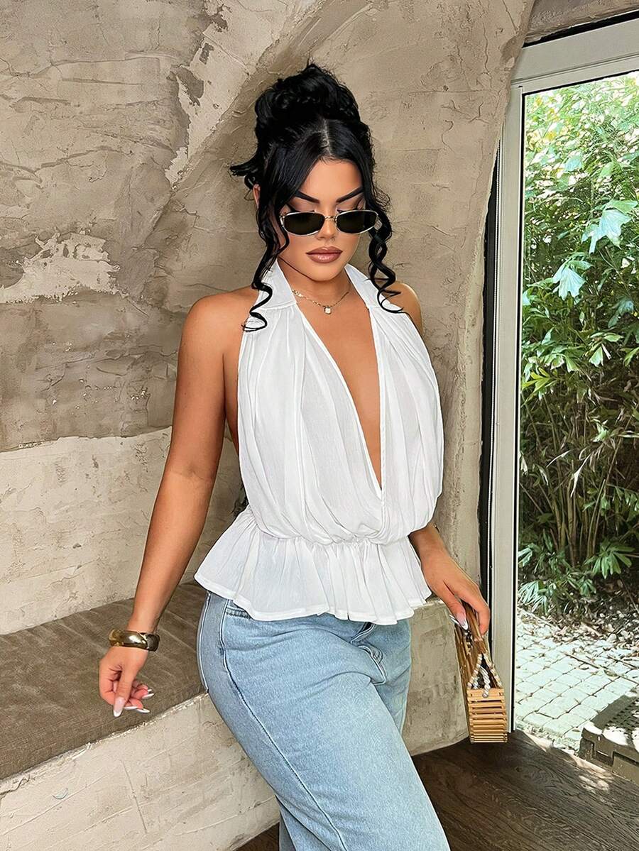 SHEIN SXY 女士性感深V领荷叶边下摆度假白色衬衫 - 白色 - 查看 1