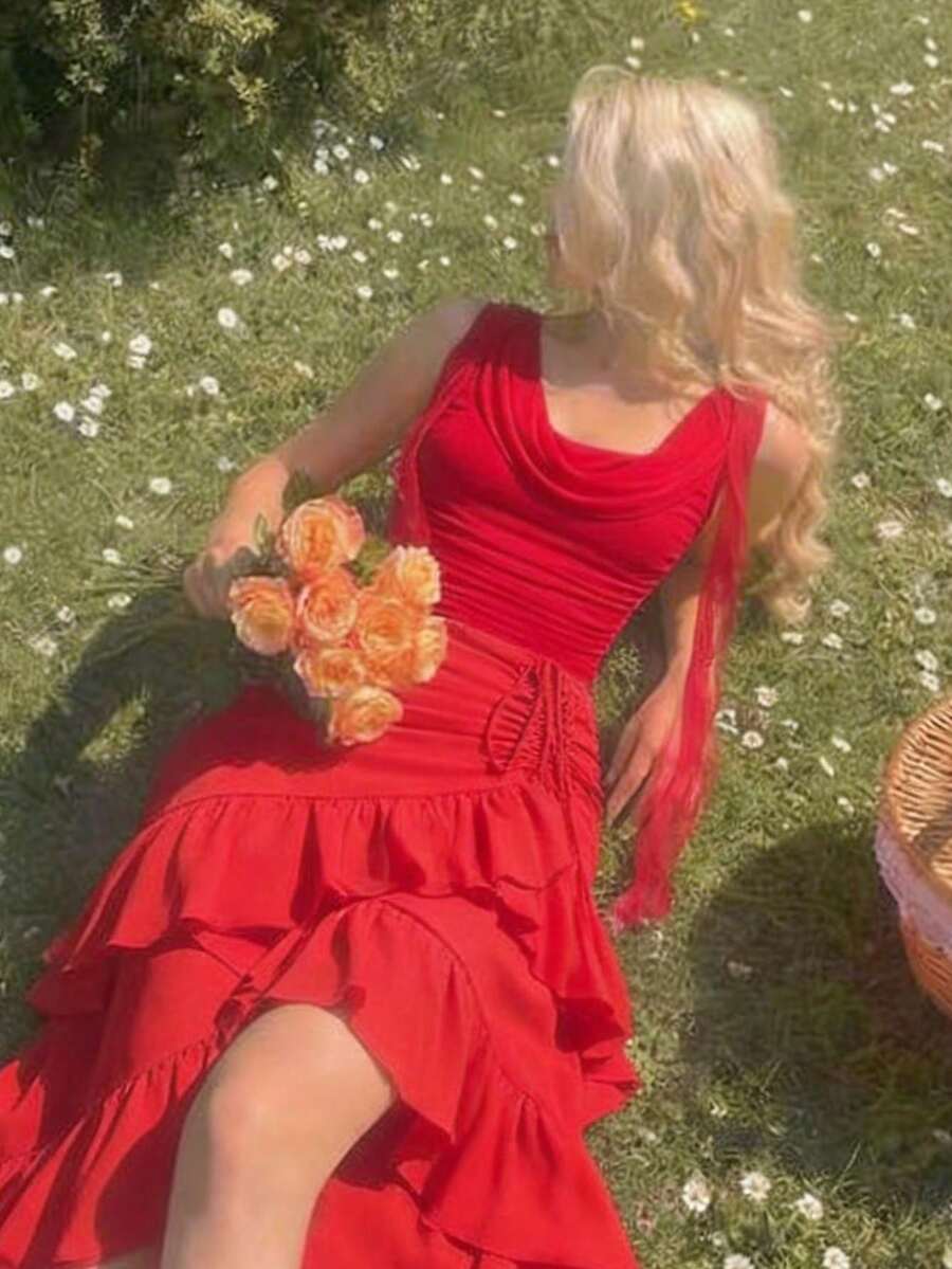 SHEIN MOD 亮红色垂褶领口缎带腰部抽绳网纱女式背心，适合派对、婚礼、郊游、约会、聚会、春夏春假、度假、野餐、节日、生日等场合。 - 紅色 - 查看 1