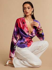 Silquee Women's Elegant Purple Floral Deep V-Neck Satin Top,Long-Sleeved Relaxed Flowing Design,Perfect For Autumn,Party,Summer Vacations,Dates & Casual Wear - Multicolor - View 7