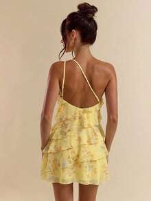 SHEIN BAE Yellow Floral Asymmetrical Shoulder Ruffle Layered Mini Dress, Spring/Summer - Yellow - View 2
