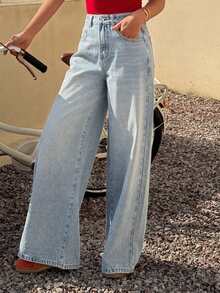 DAZY Pantalones rectos de cintura regular con bolsillos en diagonal, sueltos y casuales, estilo Y2K para mujeres - Lavado ligero - Ver 4