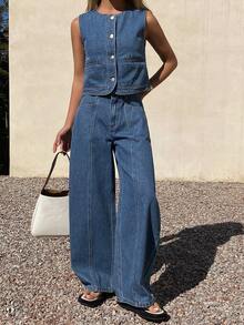 DAZY 女士圆领无袖牛仔背心和筒状牛仔裤休闲牛仔套装 - 中等水洗藍 - 查看 6