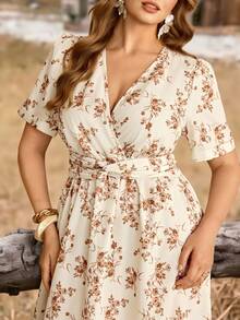 Roveilla Plus Size Women V-Neck Floral Print Ruched Waist Elegant Date Party Dress Vintage Dresses For Women Cotton Dresses French Style Dress Cottagecore Dress Elegant Floral Dress Women Summer Elegant Dress Floral Dress Elegant Dress - Apricot - View 4