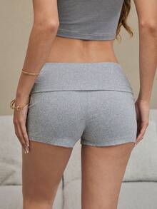 SHEIN Pantalones cortos de pijama de mujer de unicolor simple con cintura plegable, para verano - Negro - Ver 7