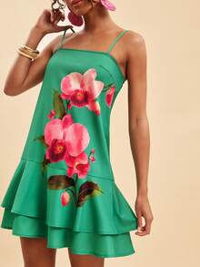 Travachic Rochie elegantă cu imprimeu floral pentru femei, îmbrăcăminte rafinată, ținută de vacanță, rochie în linie A cu volane, modă drăguță și tinerească, rochie cu barete scurte, potrivită pentru primăvară, vară, toamnă - Multicolor - Vizualizare 7