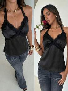 Aloruh Women's Fashion Contrast Lace Spaghetti Strap Backless Camisole For Summer - Black - View 6