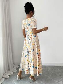 Elenzga Vestido de mujer con cuello cuadrado sin mangas con estampado floral - Albaricoque - Ver 2