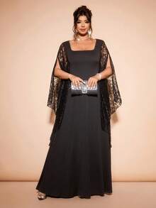 Cravure 加大码女式欧美风方领蕾丝拼接喇叭袖收腰长裙，优雅黑色蕾丝袖加大码晚礼服，黑色蕾丝长袖方领加大码连衣裙，适合鸡尾酒会、圣诞派对、新年派对或感恩节晚宴等正式场合，蕾丝袖增添精致感，搭配披肩，加大码蕾丝长袍，加大码晚礼服，女士正式服装，加大码黑色连衣裙，派对礼服，女士特殊场合 - 黑色 - 查看 4