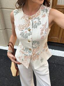 Solivie Women's Vacation Floral Embroidered Single-Breasted Vest Shirt - Apricot - View 1