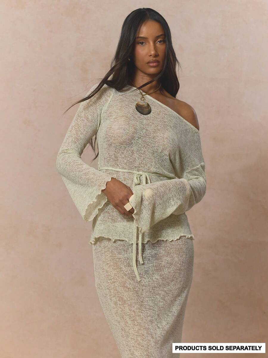 MUSERA 露肩系带腰身针织长款荷叶边下摆上衣（单件上衣）可爱春日假日少女风 Sugar Salt - 薄荷綠 - 查看 1