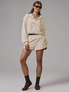 Musera Sport Towelling Cropped Zip Hooded Active Co-Ord Sport Jacket Only Workout Gym Pilates Fitness Daily Casual Banana Pudding - Pale Yellow - View 5