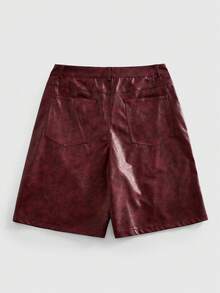 ROMWE MEN Street Life 男士休闲时尚街头宽松阔腿百慕大短裤，PU皮革材质 - 酒紅色 - 查看 9