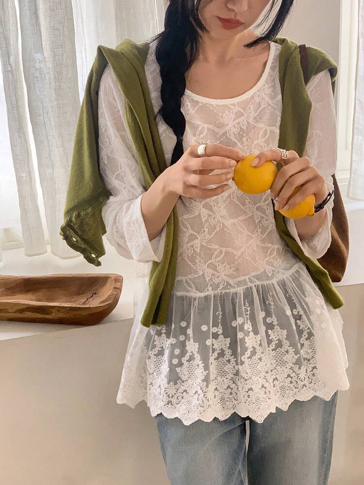 Women's Lace Ruffle Trim Long Sleeve Top Summer