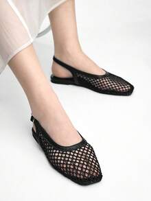 Mnmlis Zapatos planos de mujer con punta cuadrada, de moda, tejidos y sin cordones - Negro 1 - Ver 8
