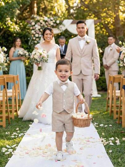 SHEIN 三件套男童绅士精致优雅都市白色长袖衬衫T恤和马甲套装，适合婚礼、派对、旅行、日常聚会，适合秋冬季节穿着。