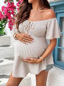 SHEIN Maternity Casual Striped Off-Shoulder T-Shirt - White - View 1