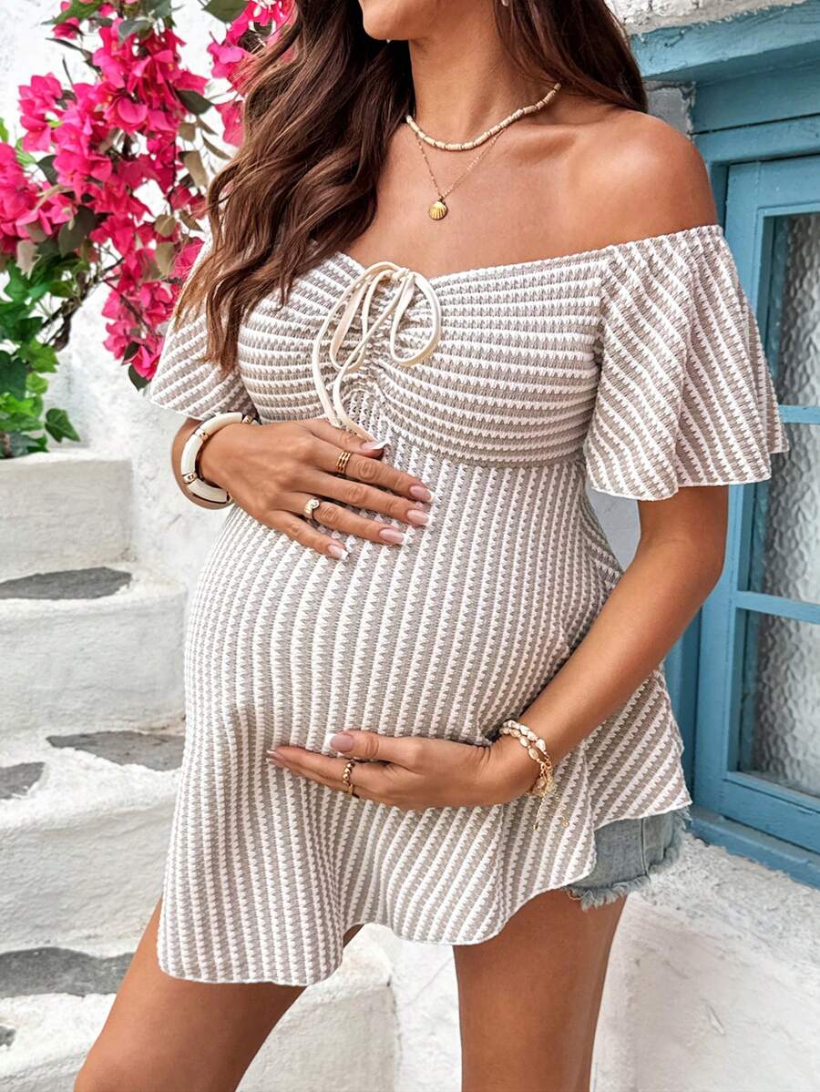 SHEIN Maternity Casual Striped Off-Shoulder T-Shirt - White - View 1
