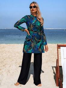 Swim Mulvari 女士中东风情两件套布基尼泳衣套装，新款热销印花长袖连衣裙和直筒裤，优雅休闲沙滩度假泳装套装 - 彩色 - 查看 4