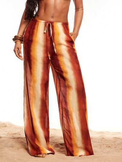 Radiana Women's Casual Tie-Dye Print Chiffon Sheer Lace-Up Low Waist Wide Leg Long Pants, Suitable For Beach Vacation, Beach, Holiday Outings, Loose And Comfortable Low Waist Long Pants