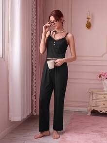 Contrast Lace Button Front PJ Set / Pajama Set Lounge Set - Black - View 6