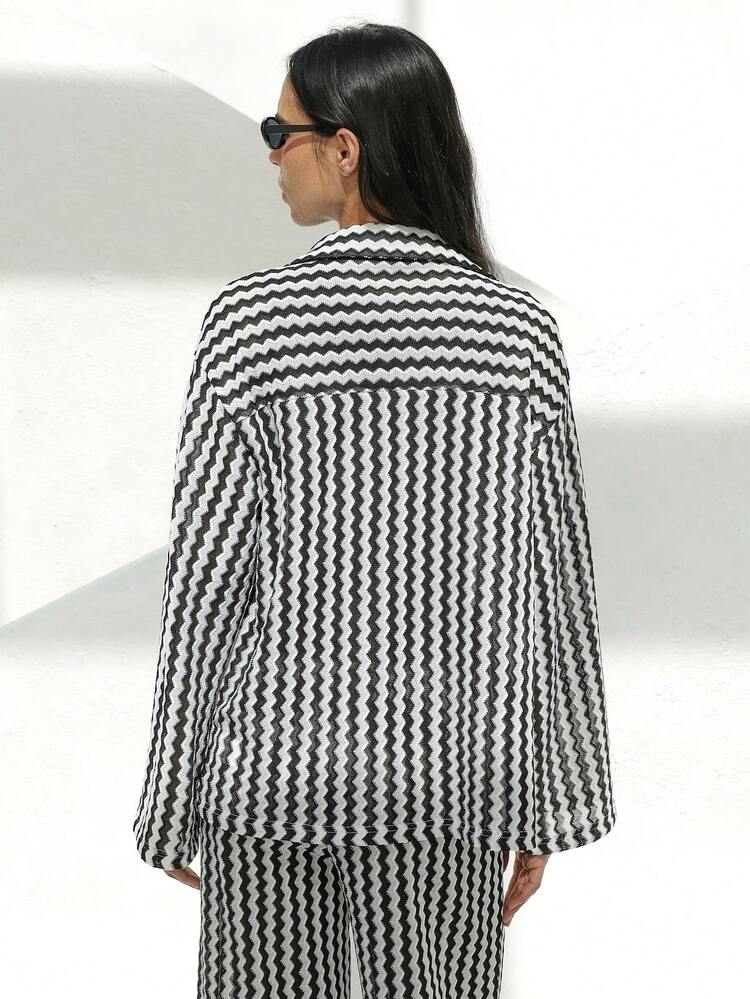 KSTM Giacca casual stile blazer da donna a maniche lunghe, con bottoni e motivo a zig-zag bianco e nero, adatta per l'autunno e l'inverno