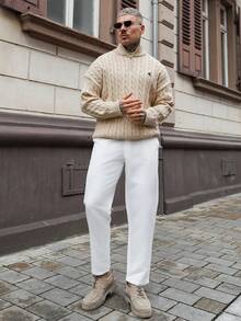 Artur Kramer 男士秋冬拉链半开襟时尚针织套头毛衣，休闲针织麻花针织衫，男士针织四分之一拉链Polo衫，长袖上衣 - 杏色 - 查看 1