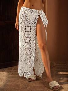 Swim Chiccia 女士度假沙滩配套遮阳扣装饰纯色蕾丝镂空花卉饰边连体度假罩衫和优雅半身裙 - 白色 - 查看 3