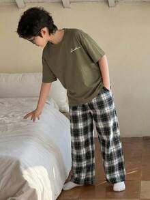 SHEIN Teen Boy Letter Print Short Sleeve Top & Plaid Pants Set - Multicolor - View 4