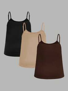 SHEIN EZwear 3pcs Plus Size Women Pleated Loose Camisole Adjustable Strap Suitable For Spring & Summer Dark Brown Tops 3 Pack Babydoll Woman Earthy Cami - Multicolor - View 2