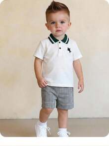 男婴可爱学院风休闲针织Polo衫和格子裤套装 - 彩色 - 查看 2