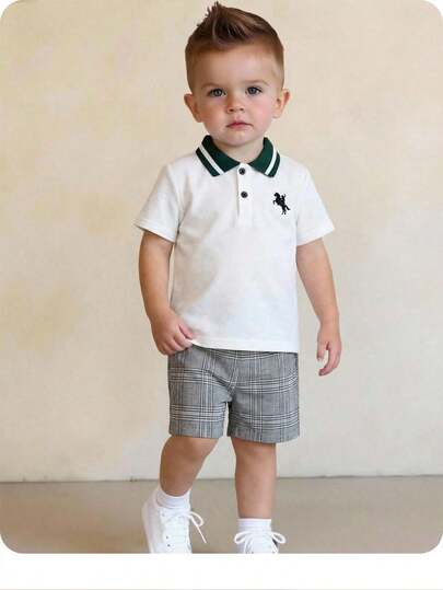 男婴可爱学院风休闲针织Polo衫和格子裤套装