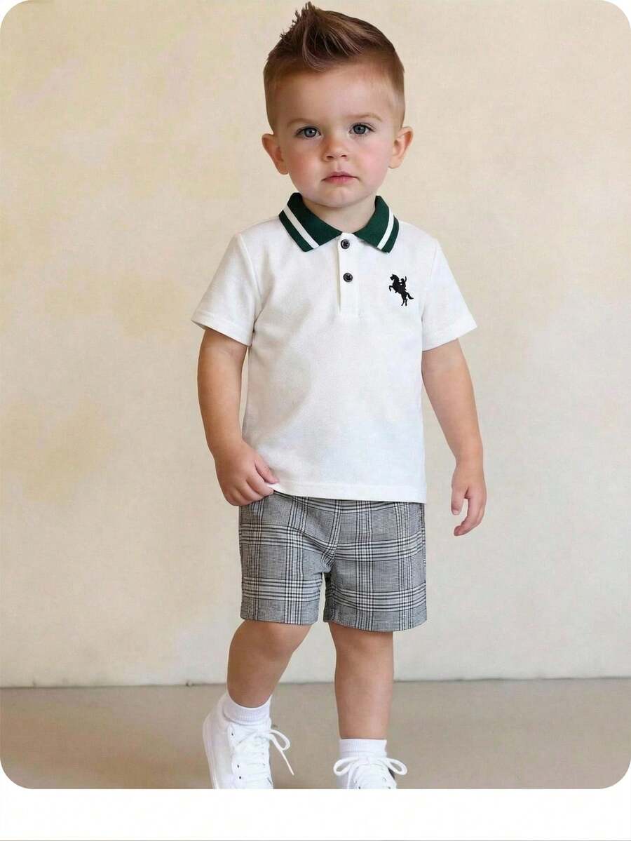 男婴可爱学院风休闲针织Polo衫和格子裤套装 - 彩色 - 查看 1