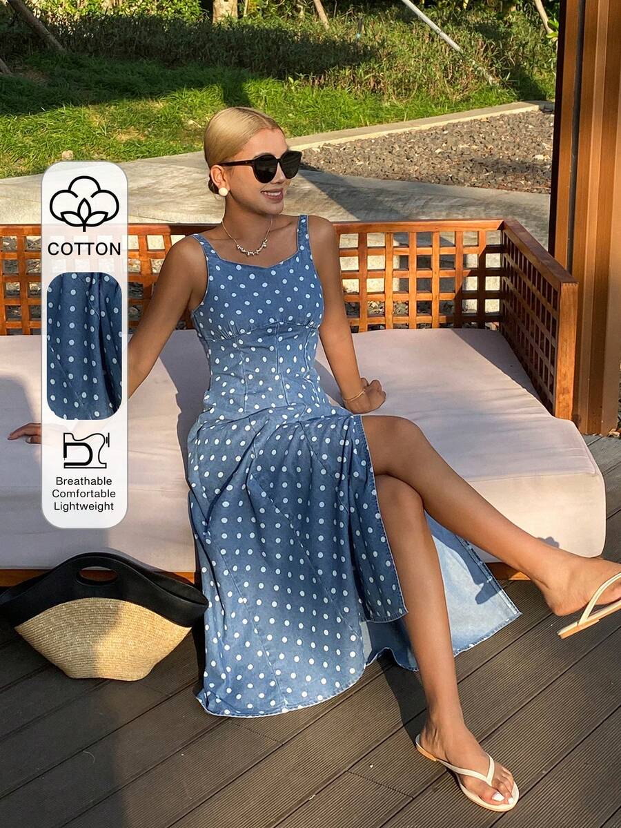DAZY Vestido de tirantes con estampado de lunares para mujer, vestido vaquero de estilo casual para vacaciones - Azul lavado medio - Ver 1