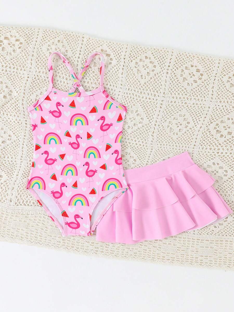 SHEIN Baby Girl Comfortable Ruffled One-Piece Swimsuit With Detachable Skirt,Cute Flamingo & Rainbow Print Design Summer Pink Bathing Suit Swimwear,2Pcs Set - Multicolor - View 1