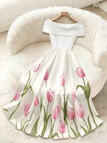 GlowEve Women's Off Shoulder Floral Print Elegant Dress - White - View 2