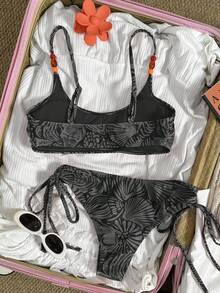 Swim Mod Women's Casual Vacation Beach Plant Print Bikini Two Pieces Swimwear - Black - View 2