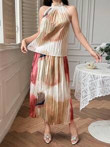 DAZY Bộ đồ 2 mảnh thanh lịch gồm áo không tay và chân váy dài nhuộm màu mực loang dành cho nữ, thích hợp cho mùa xuân/hè. - Hồng - Xem 4