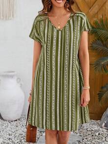 Faunlyn 女士休闲条纹短袖连衣裙 - 綠色 - 查看 6