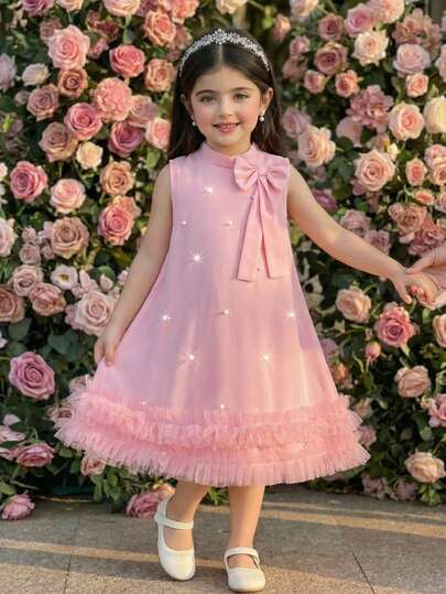 SHEIN Summer Girls Crew Neck Sleeveless Double Layer Mesh Butterfly Beaded Decor Princess Dress