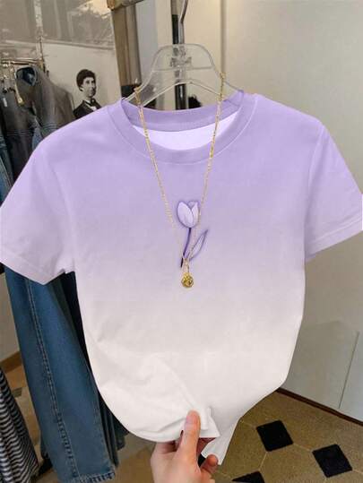 少女甜美渐变紫白郁金香印花圆领短袖T恤，春、夏、秋季百搭，适合户外、街头、居家日常穿着，舒适修身，紫色花卉图案