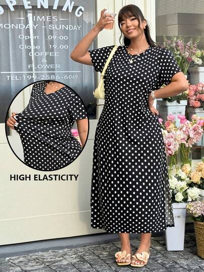 GalTyme 大码夏季休闲波点印花圆领侧开衩连衣裙