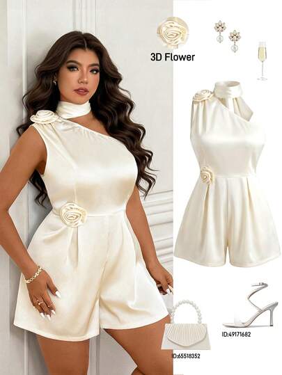 Femmeverse 大码女式优雅时尚连体衣，花卉装饰，系带露背设计，不对称领口，光泽面料，纯色