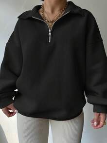 INAWLY 加大码半拉链纯色休闲宽松长袖卫衣，适合毕业季、教师节、返校季等场合，秋冬季节皆宜。 - 黑色 - 查看 3