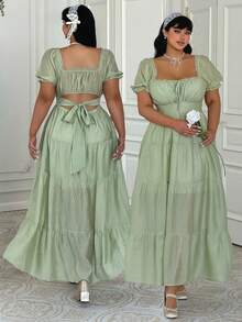 Lyrianda Đầm dáng rộng, bèo nhún kiểu Pháp, thắt nơ, thích hợp mặc mùa xuân/hè. - màu xanh lá - Xem 1